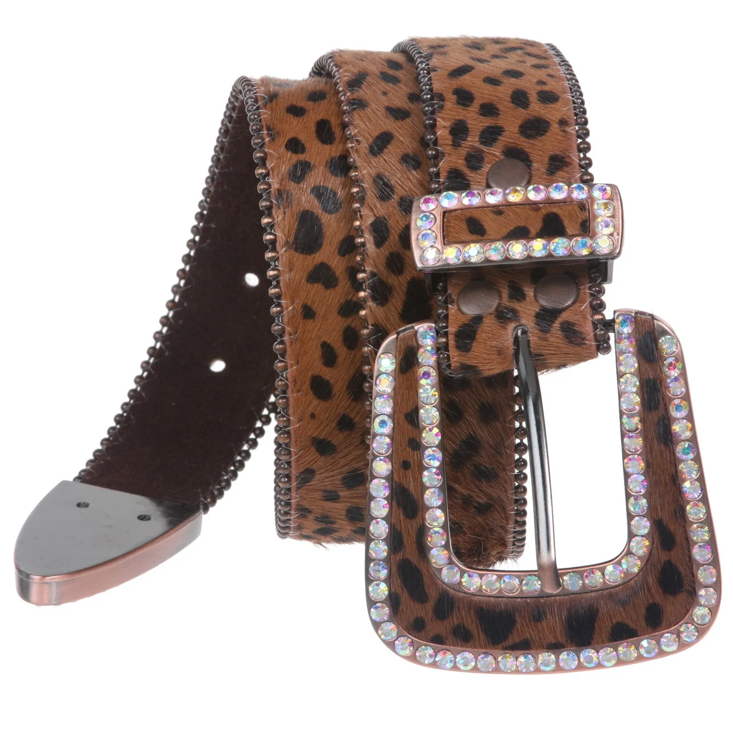 1 1/2" Hair Calf Rhinestone Ornaments Genuine Leather Belt