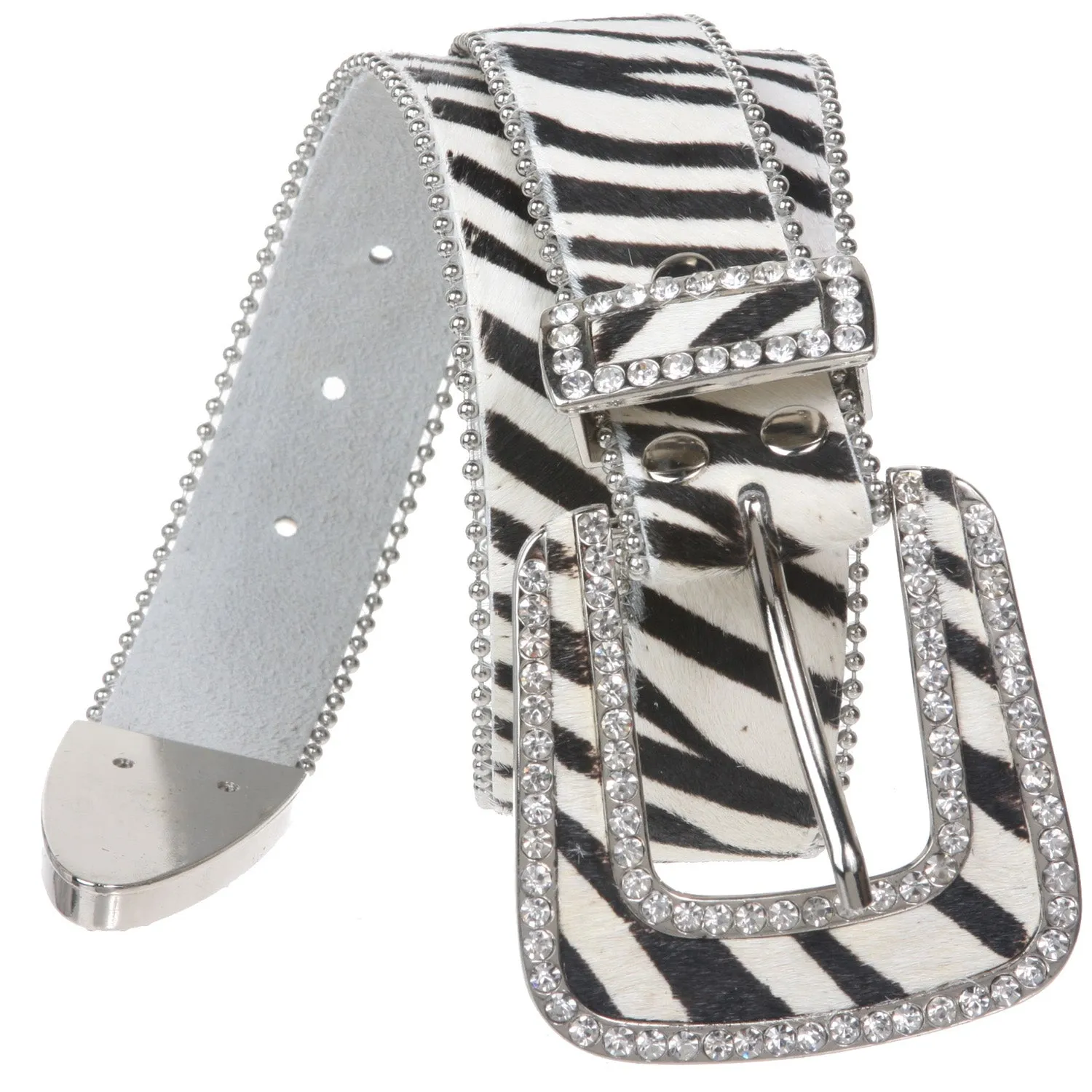 1 1/2" Hair Calf Rhinestone Ornaments Genuine Leather Belt