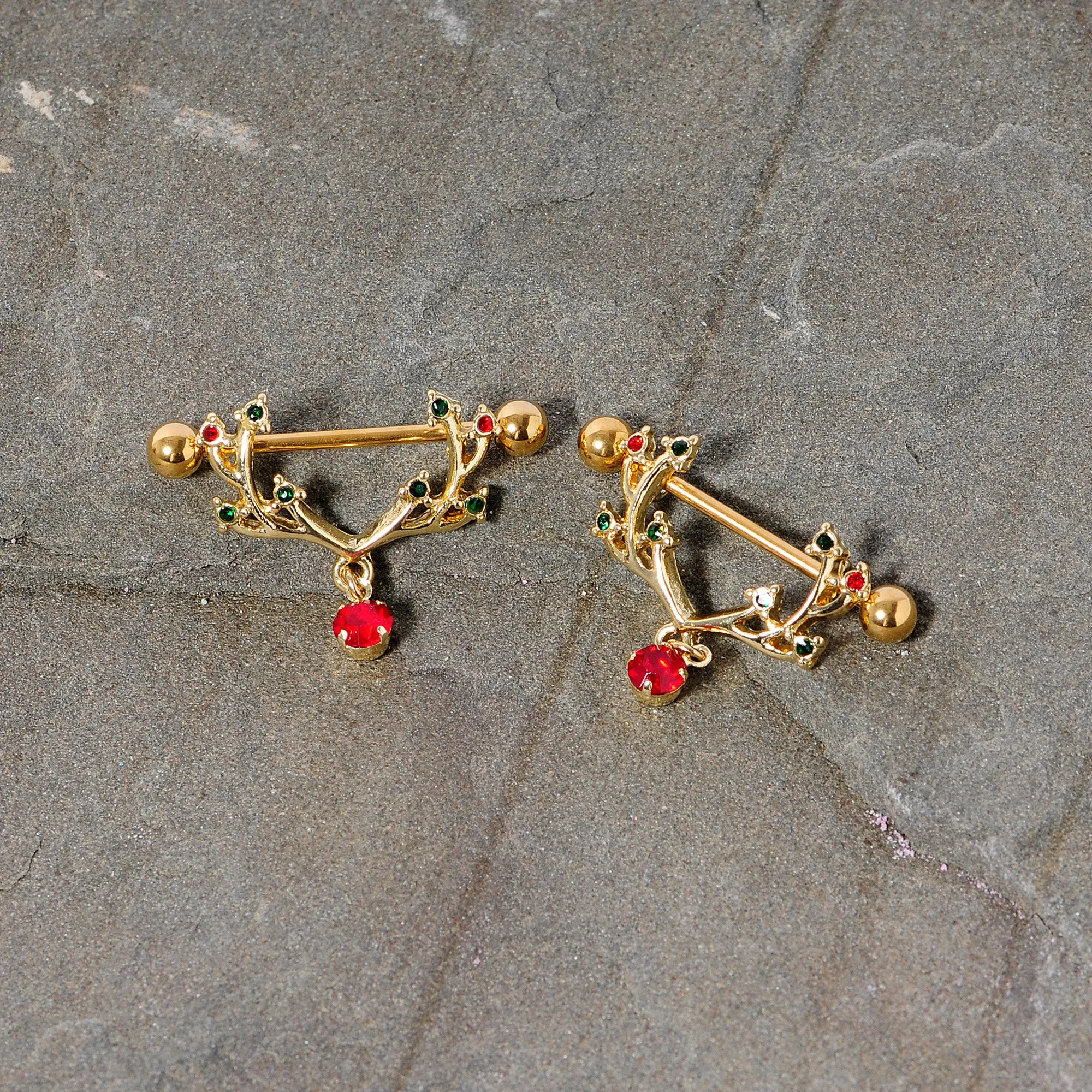 14 Gauge 25mm Red Green Gem Reindeer Antler Holiday Nipple Shield Set