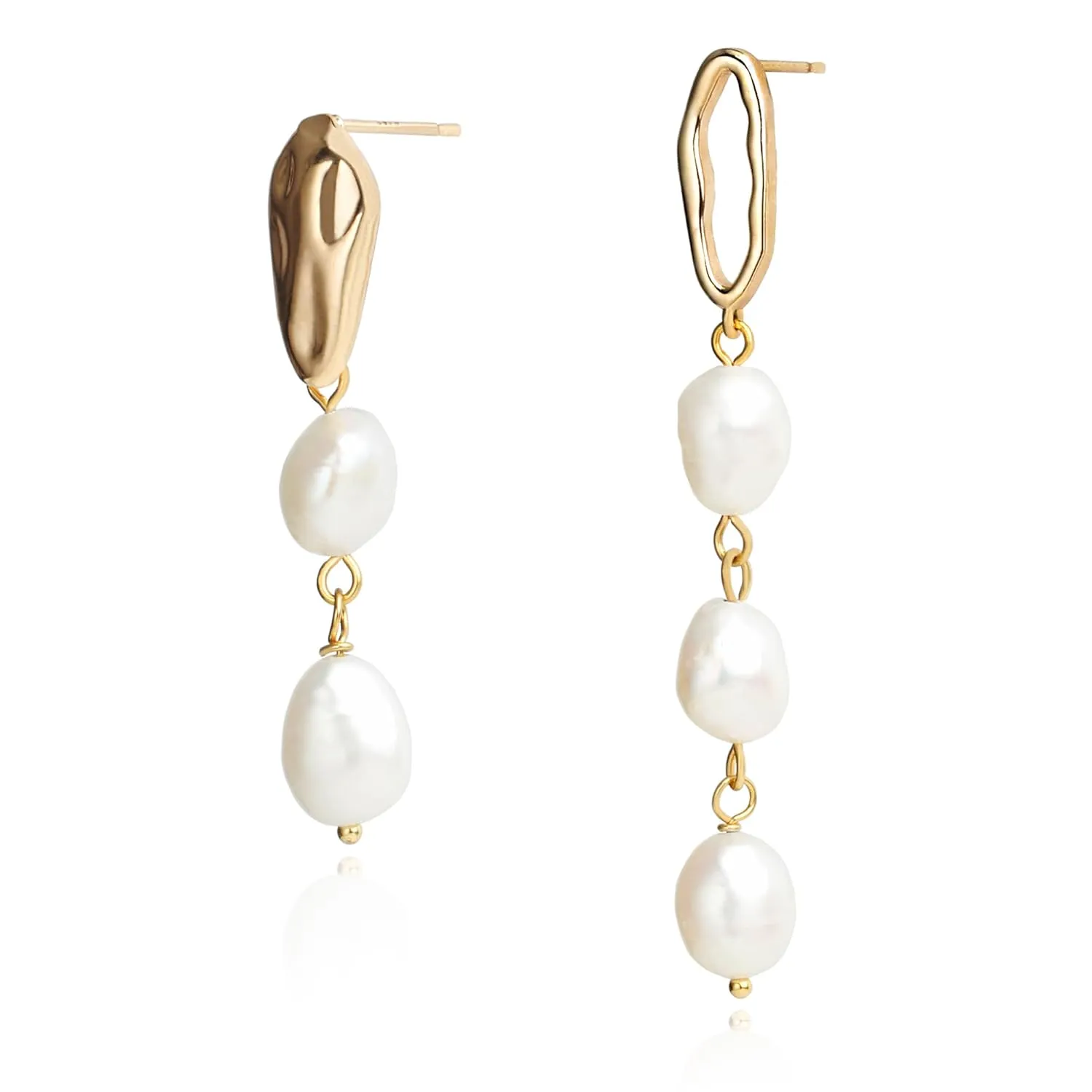 14K Gold Plated Cultured White Baroque Pearl Mismatched Dangling Drop Earrings for Women Trendy