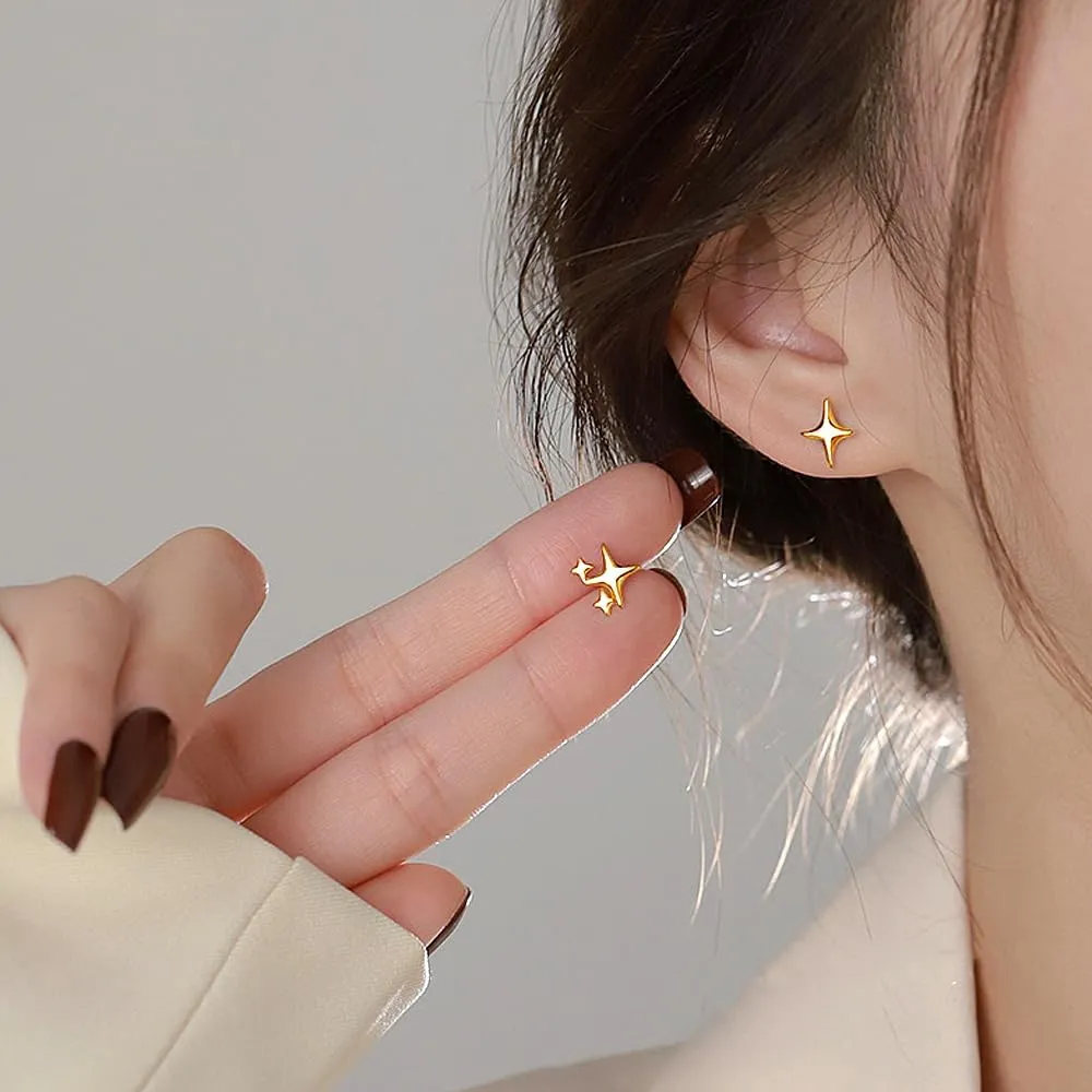14K Gold Statement Star Stud Earrings for Women Minimalist High Polishing Lightweight Earrings,Asymmetric Preppy Style Piercing Jewelry Gift