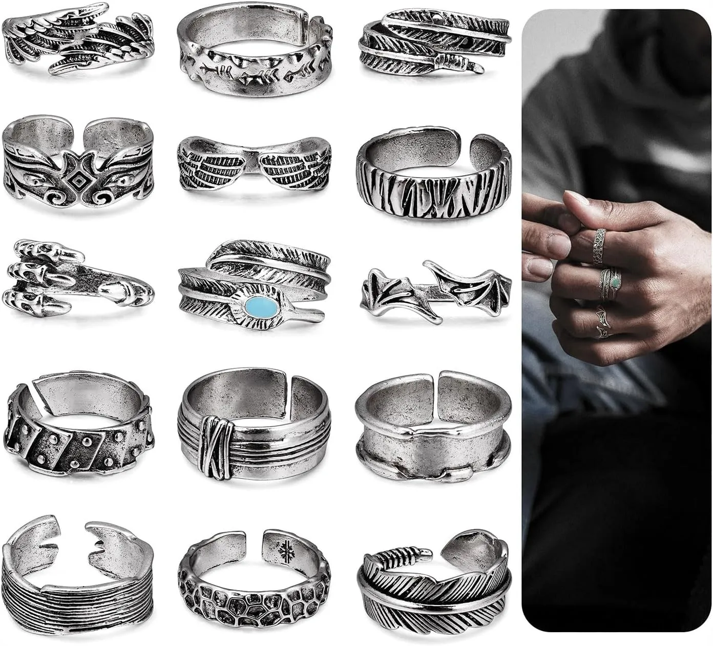 15PCS Vintage Rings for Men Adjustable Retro Gothic Rings Cool Sliver Punk Open Ring Angel Wings Finger Rings Pack