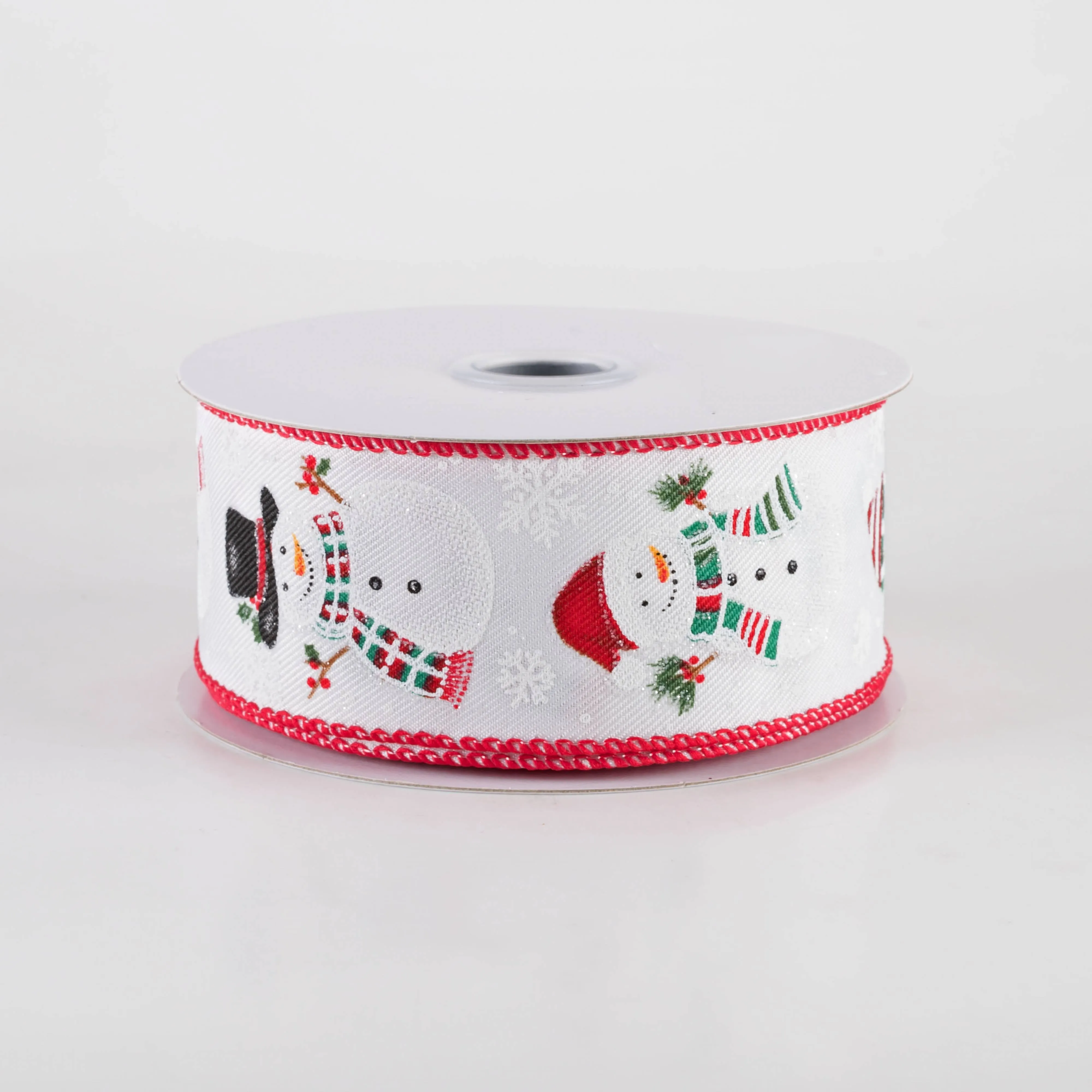 1.5" Glittered Snowman Diagonal Weave Ribbon: White (10 Yards)