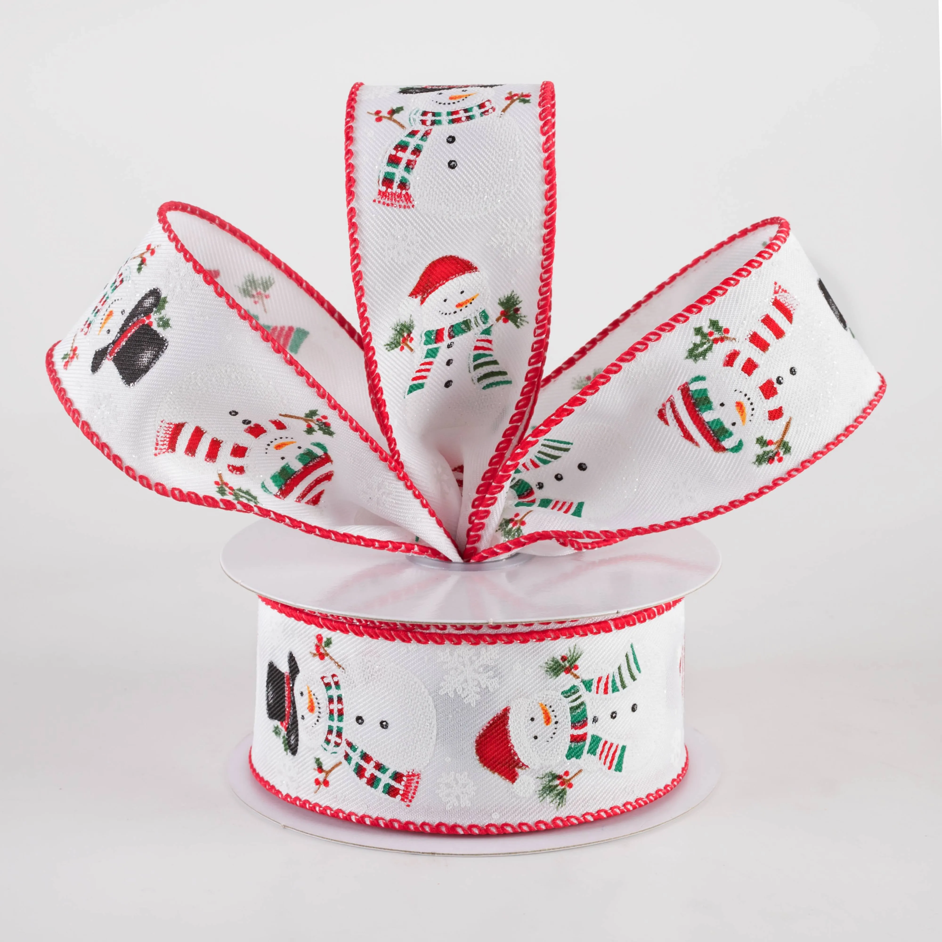 1.5" Glittered Snowman Diagonal Weave Ribbon: White (10 Yards)