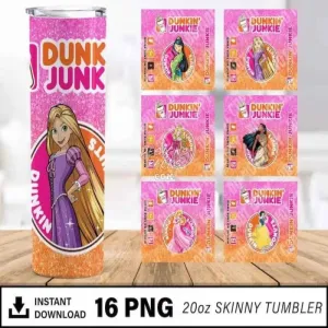 16 Cartoon Princess Dunkin Junkie Tumbler Wrap Png Bundle PNG