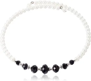1928 Jewelry Costume Pearl and Black Crystal Coil Choker Necklace 15 In
