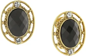 1928 Jewelry Crystal Accent Oval Black Stone Button Clip On Earrings For Women, Non Piercing Ear Rings, Pierceless Snap On Made In USA