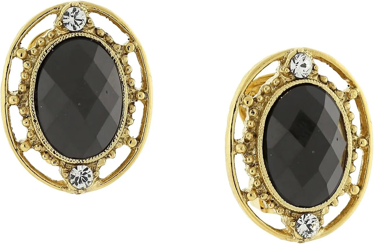 1928 Jewelry Crystal Accent Oval Black Stone Button Clip On Earrings For Women, Non Piercing Ear Rings, Pierceless Snap On Made In USA
