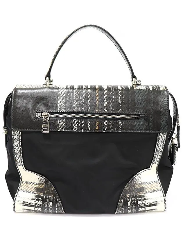 1BA005 Tartan Check Saffiano Black Tesuto Top Handle Tote Bag