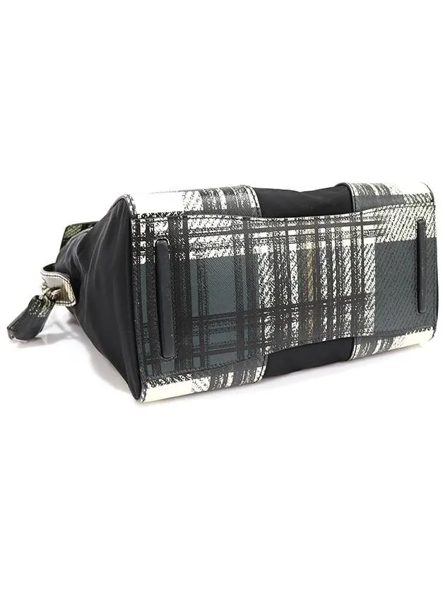 1BA005 Tartan Check Saffiano Black Tesuto Top Handle Tote Bag