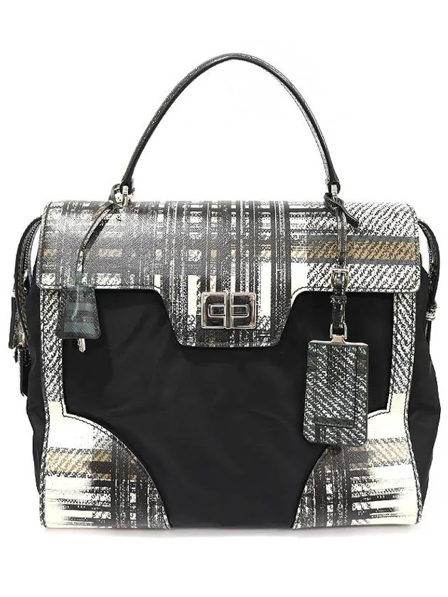 1BA005 Tartan Check Saffiano Black Tesuto Top Handle Tote Bag