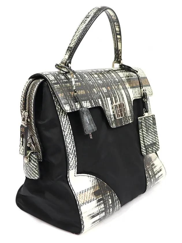 1BA005 Tartan Check Saffiano Black Tesuto Top Handle Tote Bag