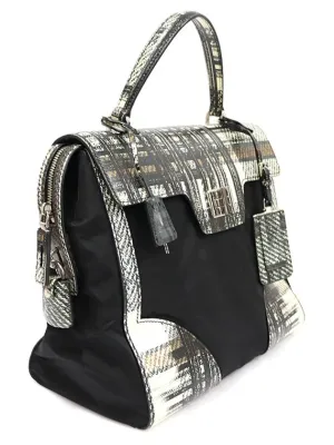 1BA005 Tartan Check Saffiano Black Tesuto Top Handle Tote Bag