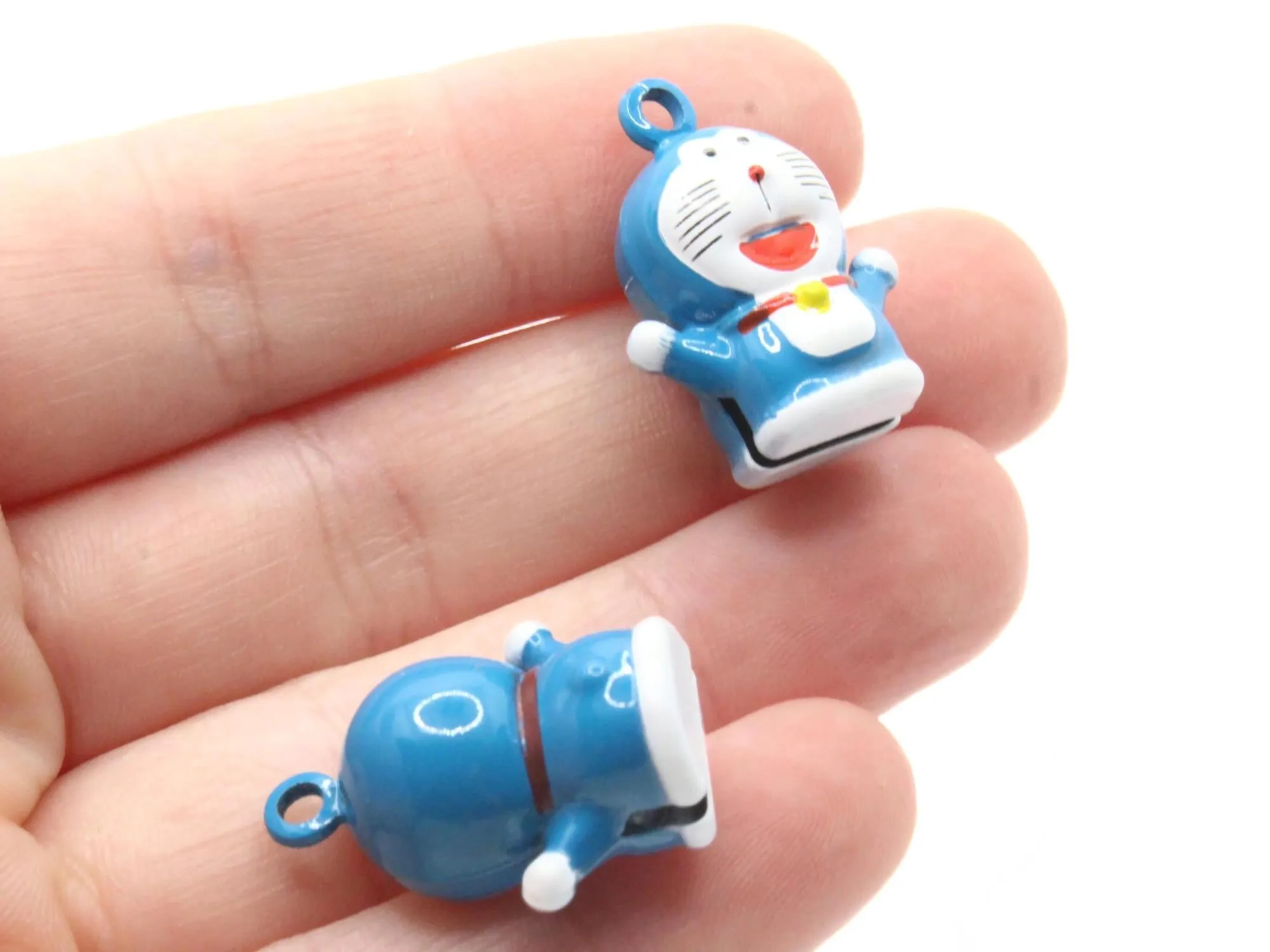 2 24mm Blue Cartoon Cat Brass Bell Charms