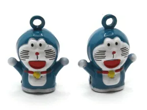 2 24mm Blue Cartoon Cat Brass Bell Charms