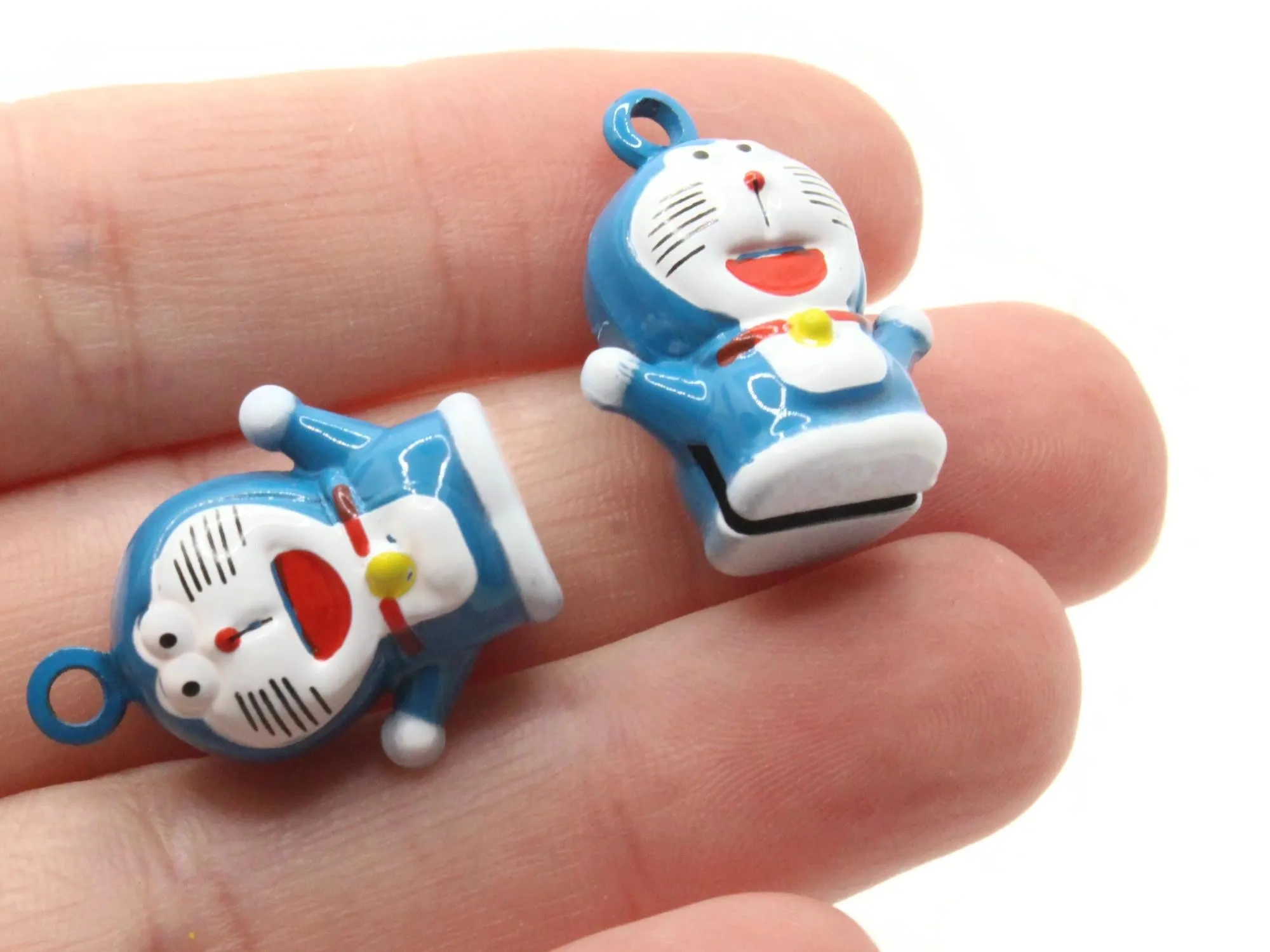 2 24mm Blue Cartoon Cat Brass Bell Charms