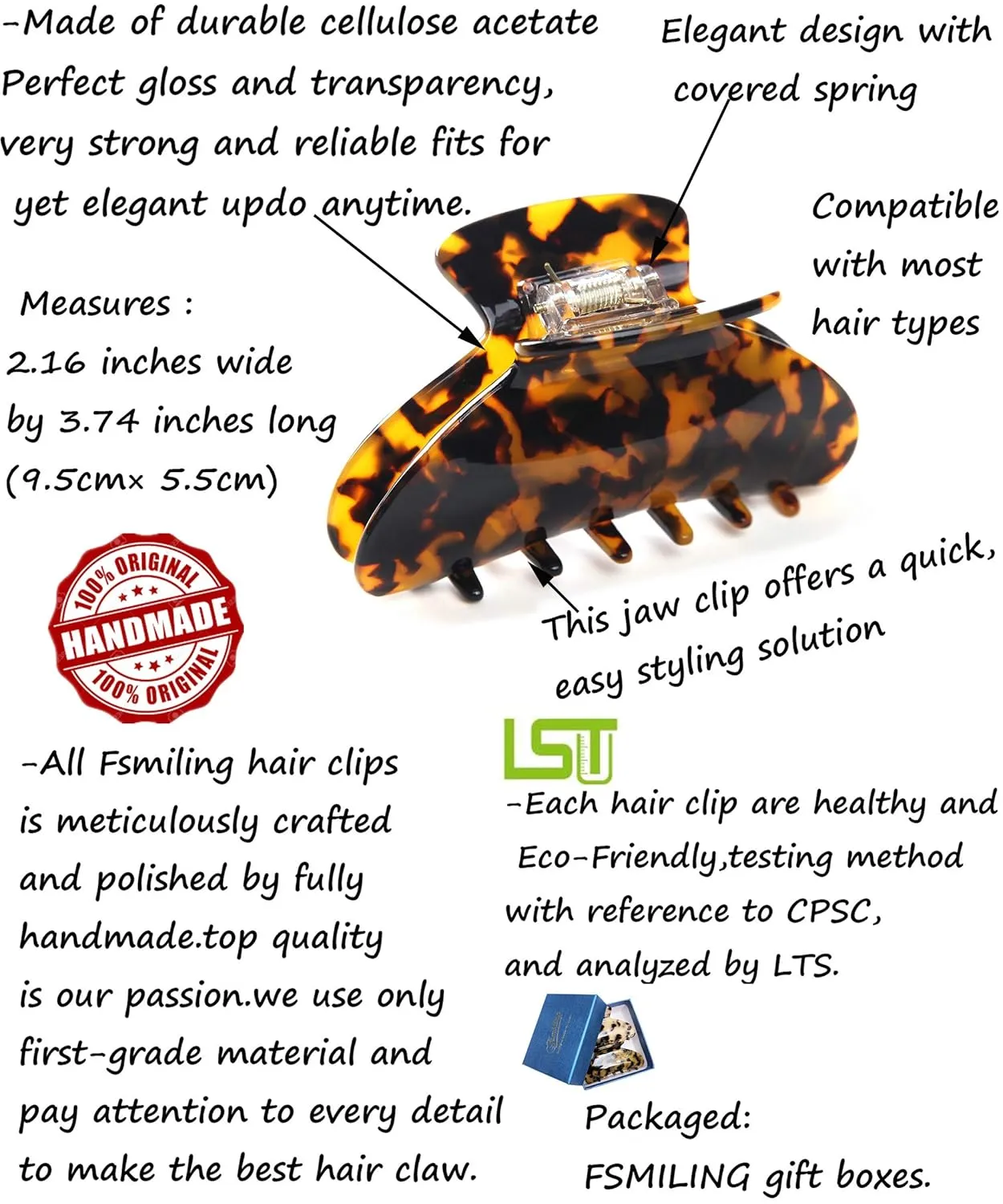 2 Pack Big Hair Claw Clips Tortoise Shell Nonslip Large Claw Clip For Women Celluloid Leopard Print Jaw Clips For Thick Hair
