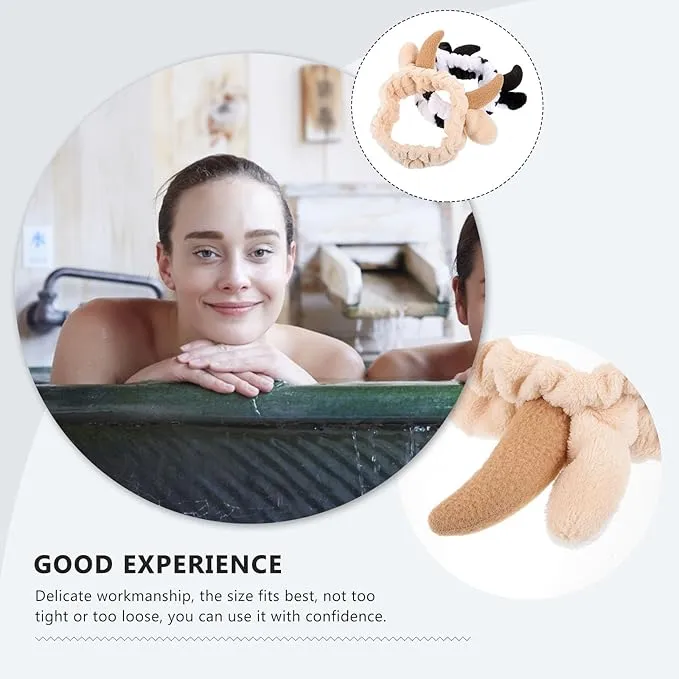 2 Pcs Cow Horn headband, Milk Cow Hairband, Plush Animal Ear Face Wash Hair Wrap