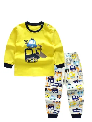 2-Piece Outfit Cartoon Excavator Car Print Set Color Block Pullover Top W Leggings Baby Kids Sleepwear