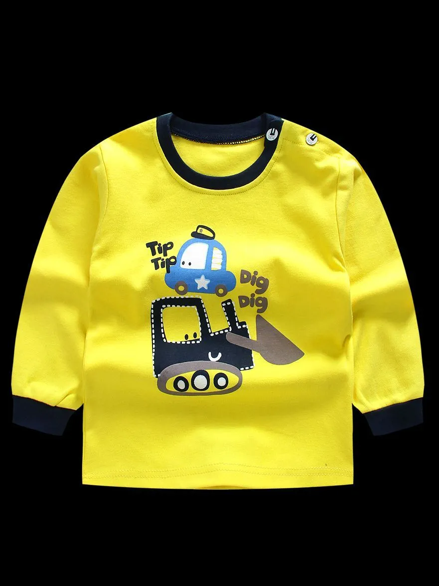 2-Piece Outfit Cartoon Excavator Car Print Set Color Block Pullover Top W Leggings Baby Kids Sleepwear