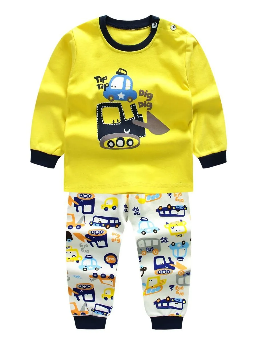 2-Piece Outfit Cartoon Excavator Car Print Set Color Block Pullover Top W Leggings Baby Kids Sleepwear