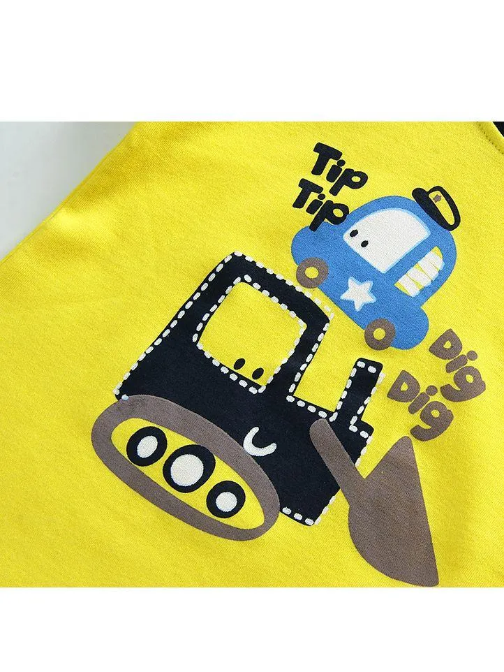 2-Piece Outfit Cartoon Excavator Car Print Set Color Block Pullover Top W Leggings Baby Kids Sleepwear