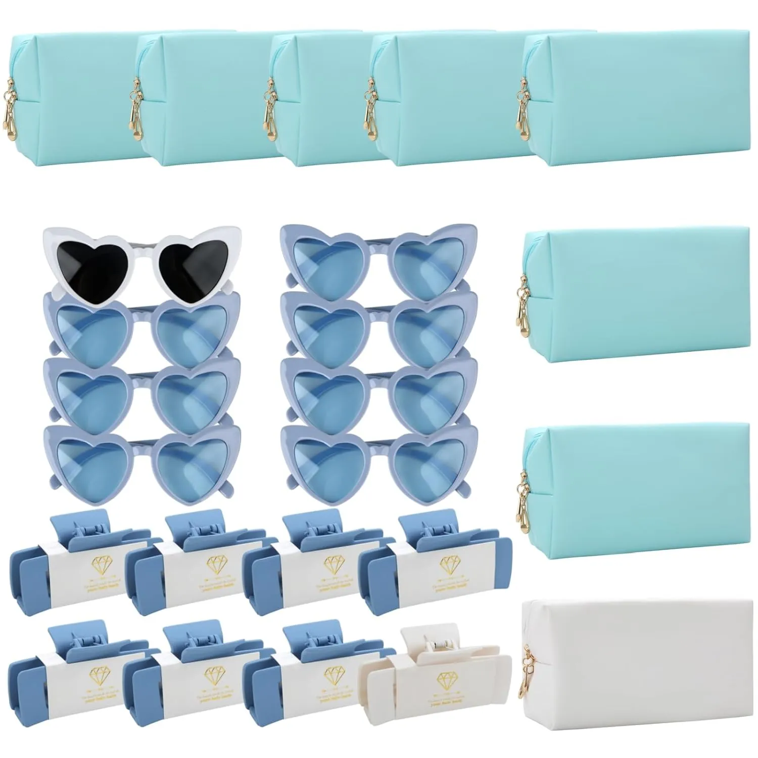 24pcs Bridesmaid Scrunchies Proposal Gifts makeup bag bulk 4.1inch square Hair Claws Bachelorette Hair Clip heart sunglasses 8pack Girls gift for Wedding Party Favors(White&Dusty Blue)