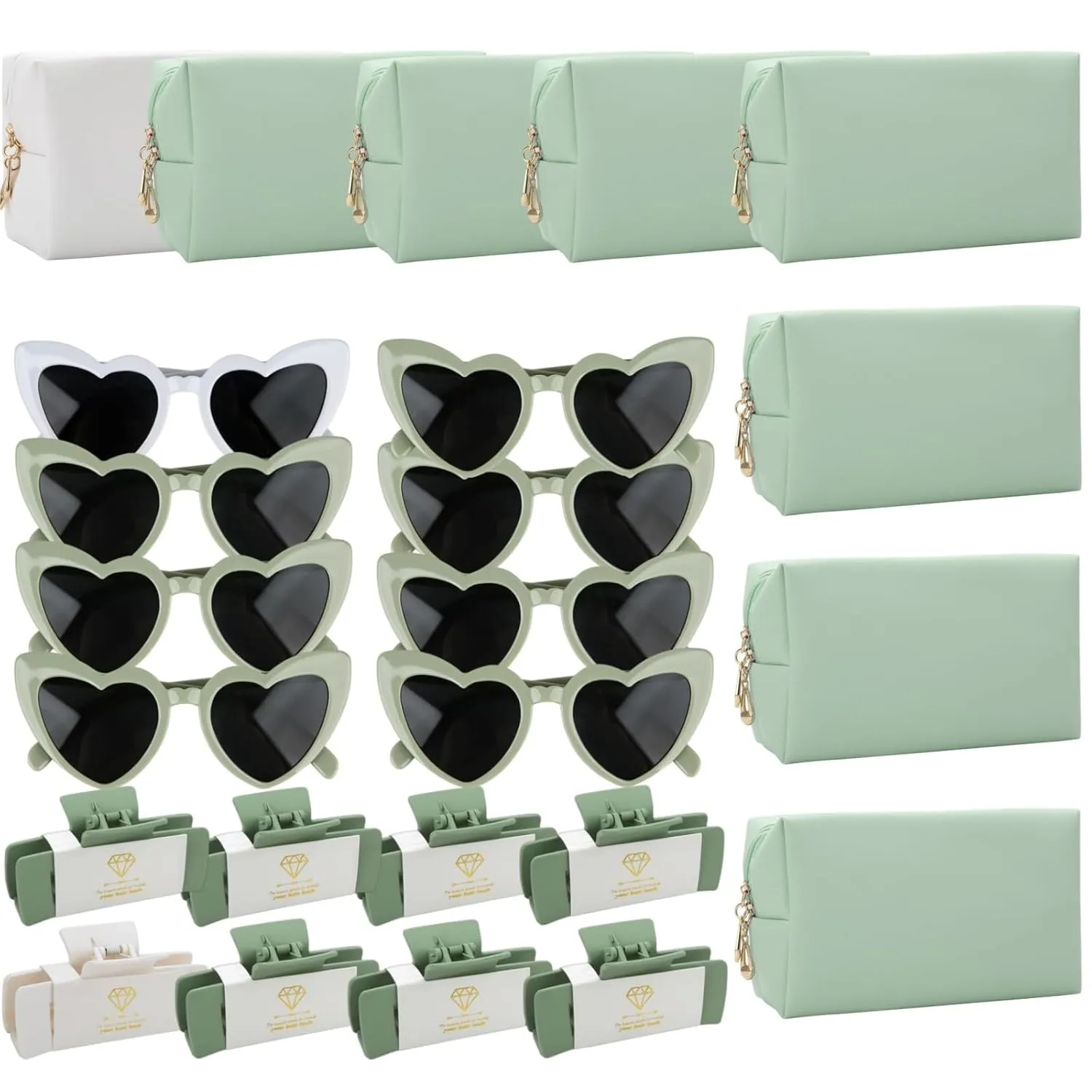 24pcs Bridesmaid Scrunchies Proposal Gifts makeup bag bulk 4.1inch square Hair Claws Bachelorette Hair Clip heart sunglasses 8pack Girls gift for Wedding Party Favors(White&Sage Green)