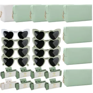 24pcs Bridesmaid Scrunchies Proposal Gifts makeup bag bulk 4.1inch square Hair Claws Bachelorette Hair Clip heart sunglasses 8pack Girls gift for Wedding Party Favors(White&Sage Green)