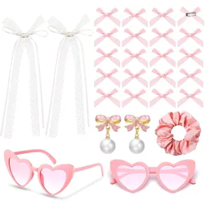 25 Pcs Pink Coquette Accessories Set Pink Scrunchie, Mini Bows, Pearl Bow Earrings, White Lace Bows and Heart Sunglasses for Girls Women Coquette Accessories Wedding Bridesmaid Party Favors