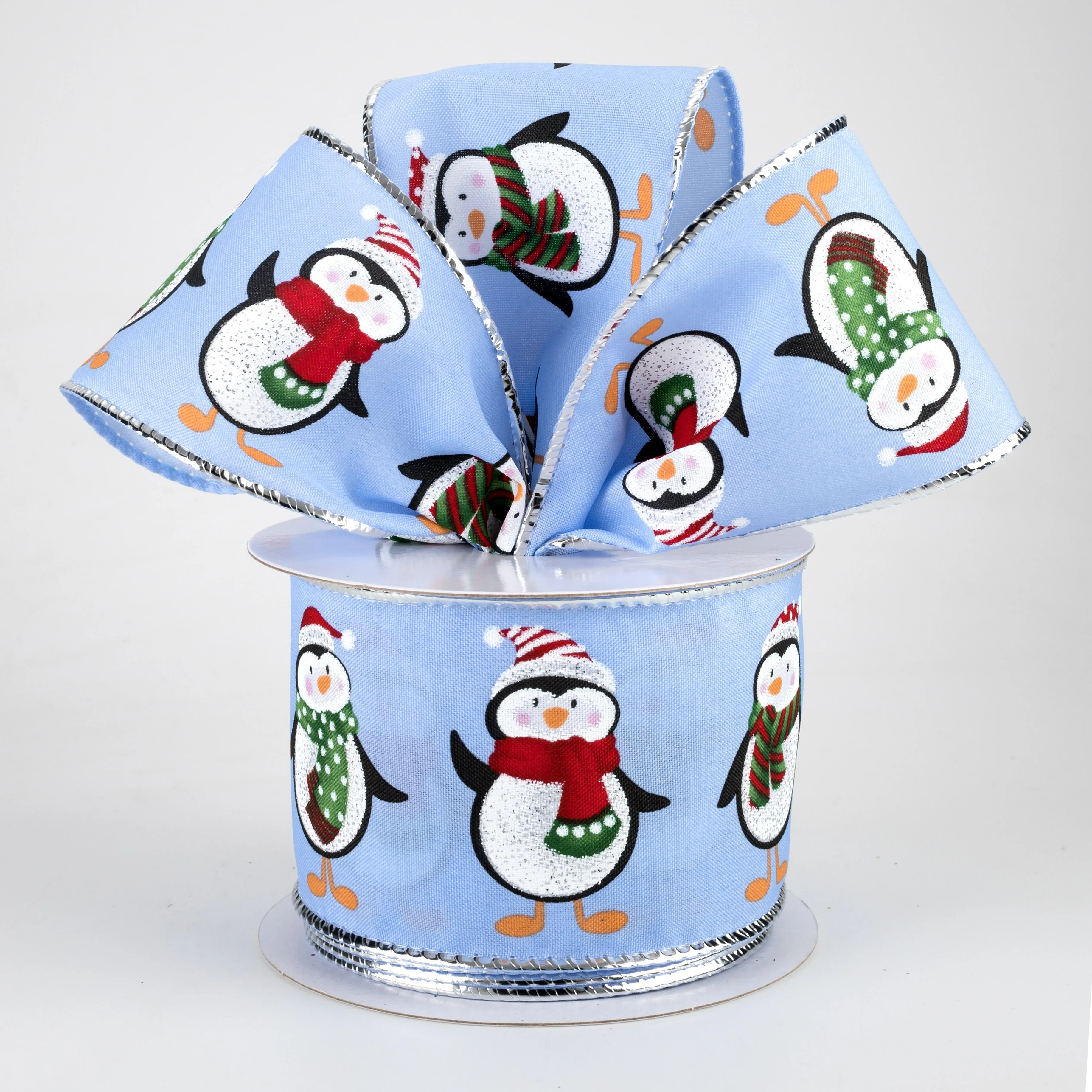 2.5" Penguins Christmas Ribbon: Periwinkle Blue (10 Yards)