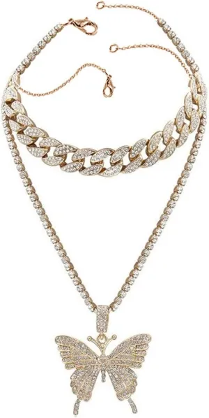 2Pcs Butterfly Pendant Necklace for Womens Curb Cuban Link Chain Inlaid Zircon Punk Layered Necklaces Lady (Gold, One Size)