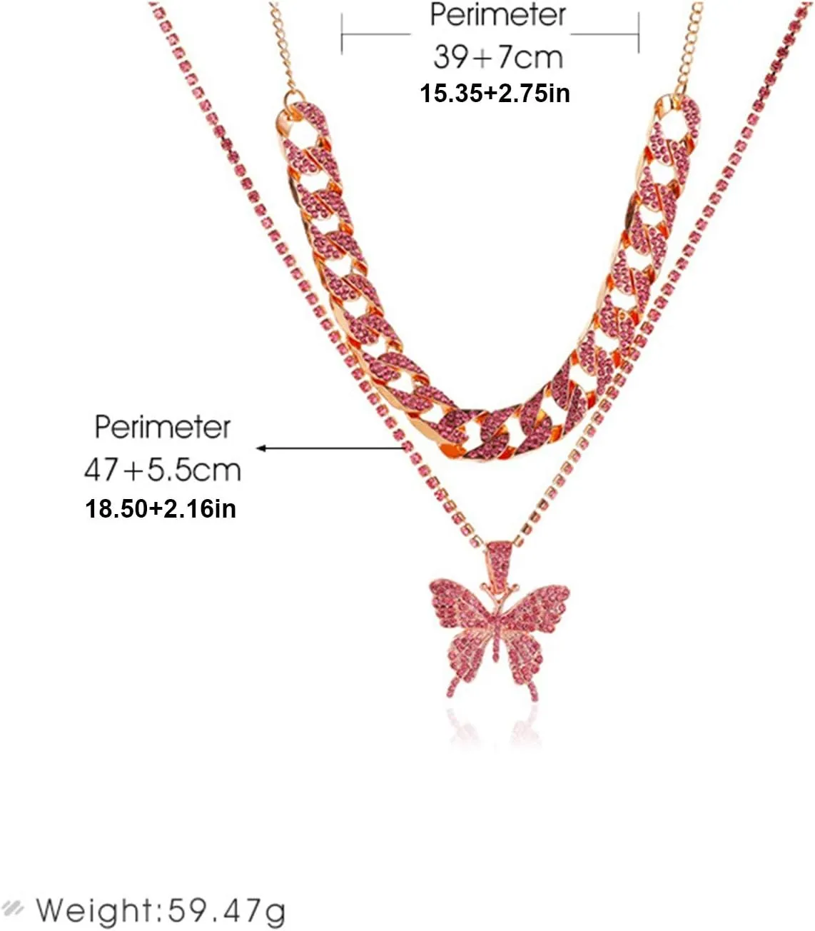2Pcs Butterfly Pendant Necklace for Womens Curb Cuban Link Chain Inlaid Zircon Punk Layered Necklaces Lady (Gold, One Size)
