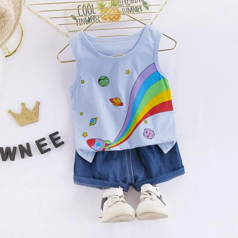 2PCS Cartoon Rainbow Print Top and Cowpants