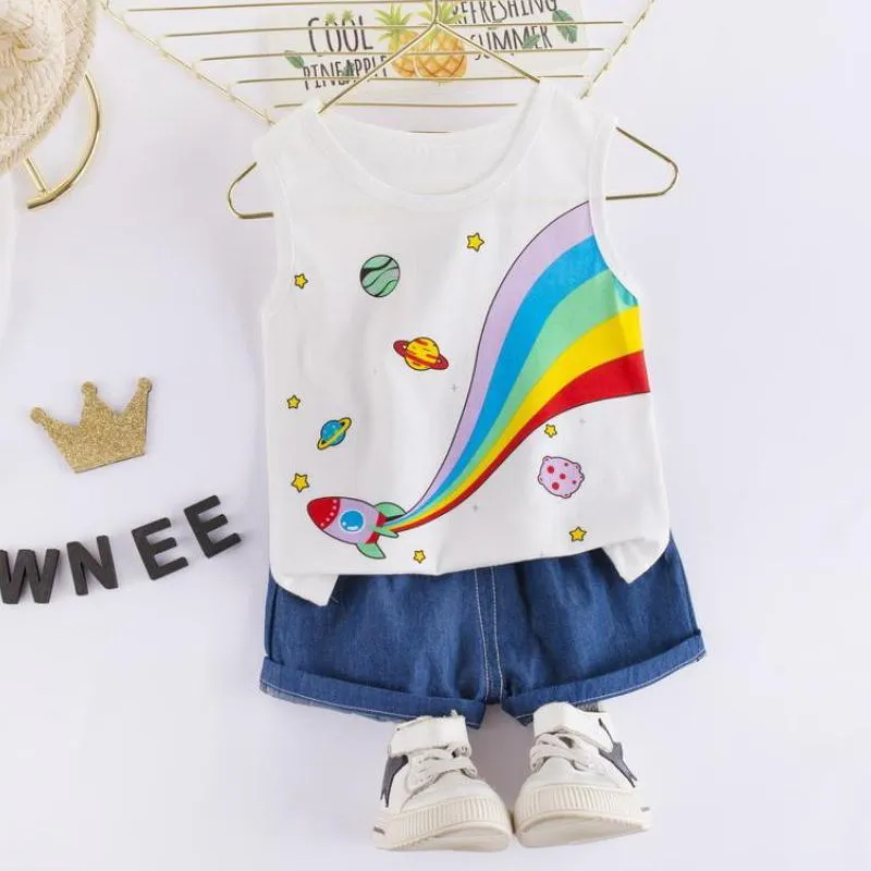 2PCS Cartoon Rainbow Print Top and Cowpants