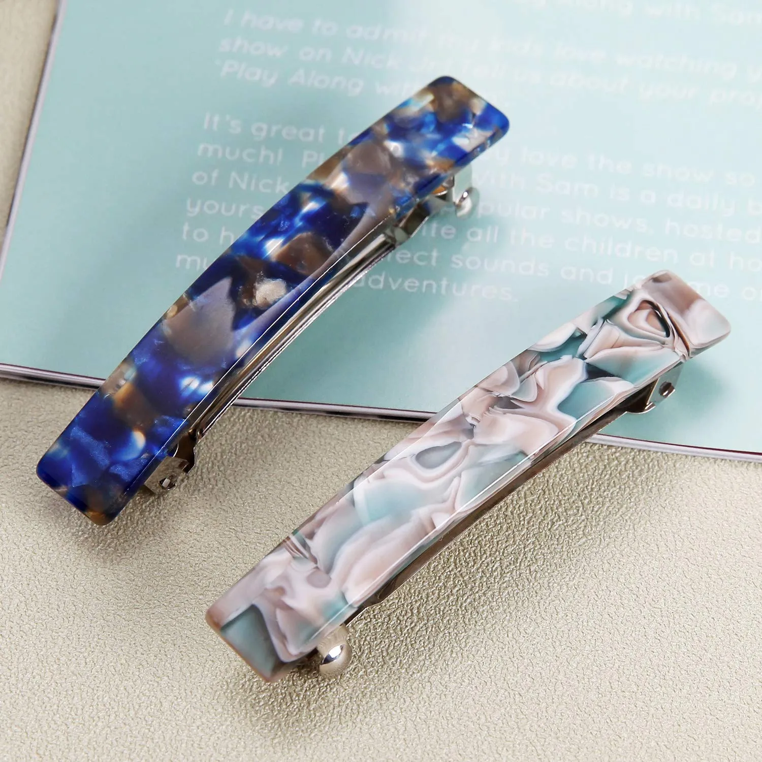 2PCS French Design Hair Barrette Tortoise Shell Celluloid Rectangle Hair Clips for Women Blue,Onyx Green