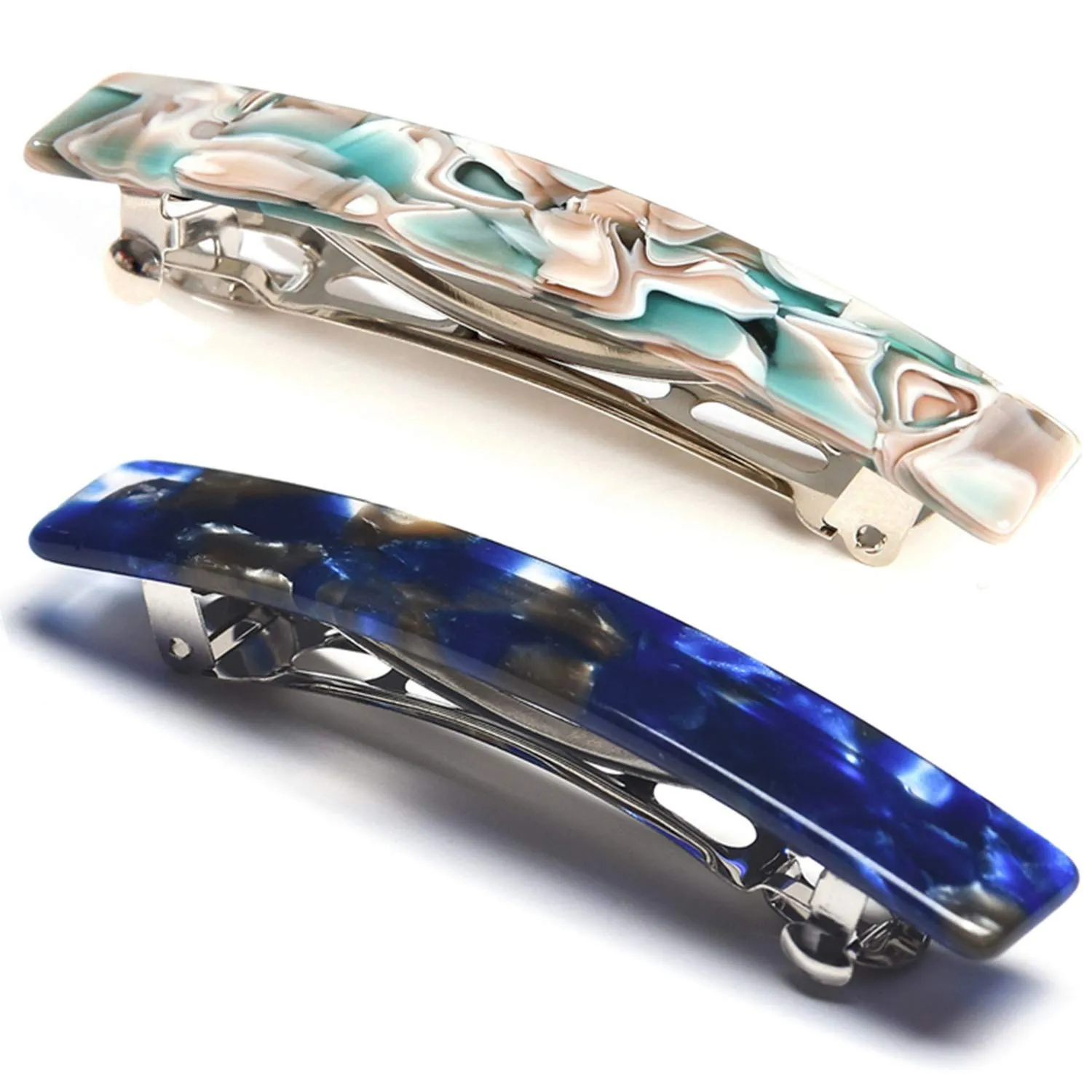 2PCS French Design Hair Barrette Tortoise Shell Celluloid Rectangle Hair Clips for Women Blue,Onyx Green