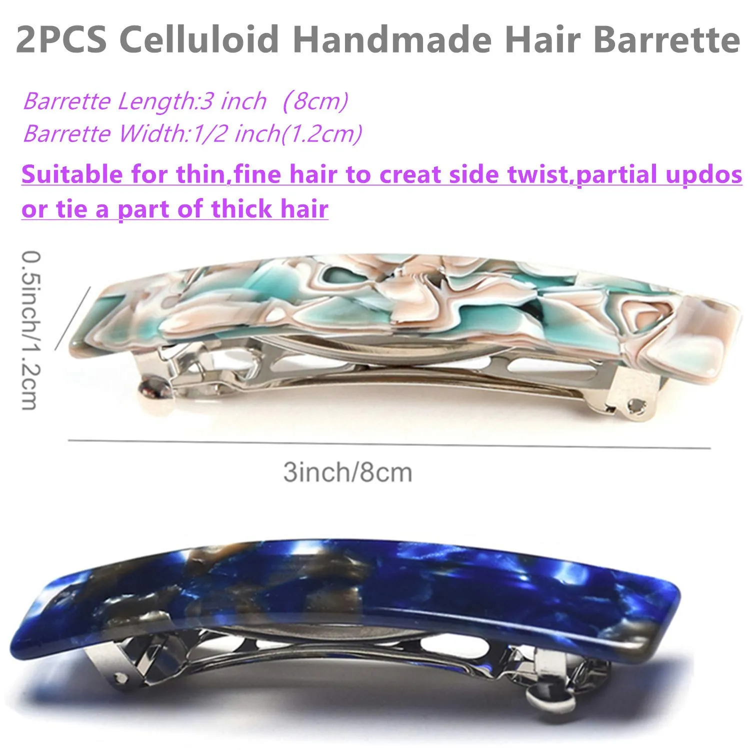 2PCS French Design Hair Barrette Tortoise Shell Celluloid Rectangle Hair Clips for Women Blue,Onyx Green