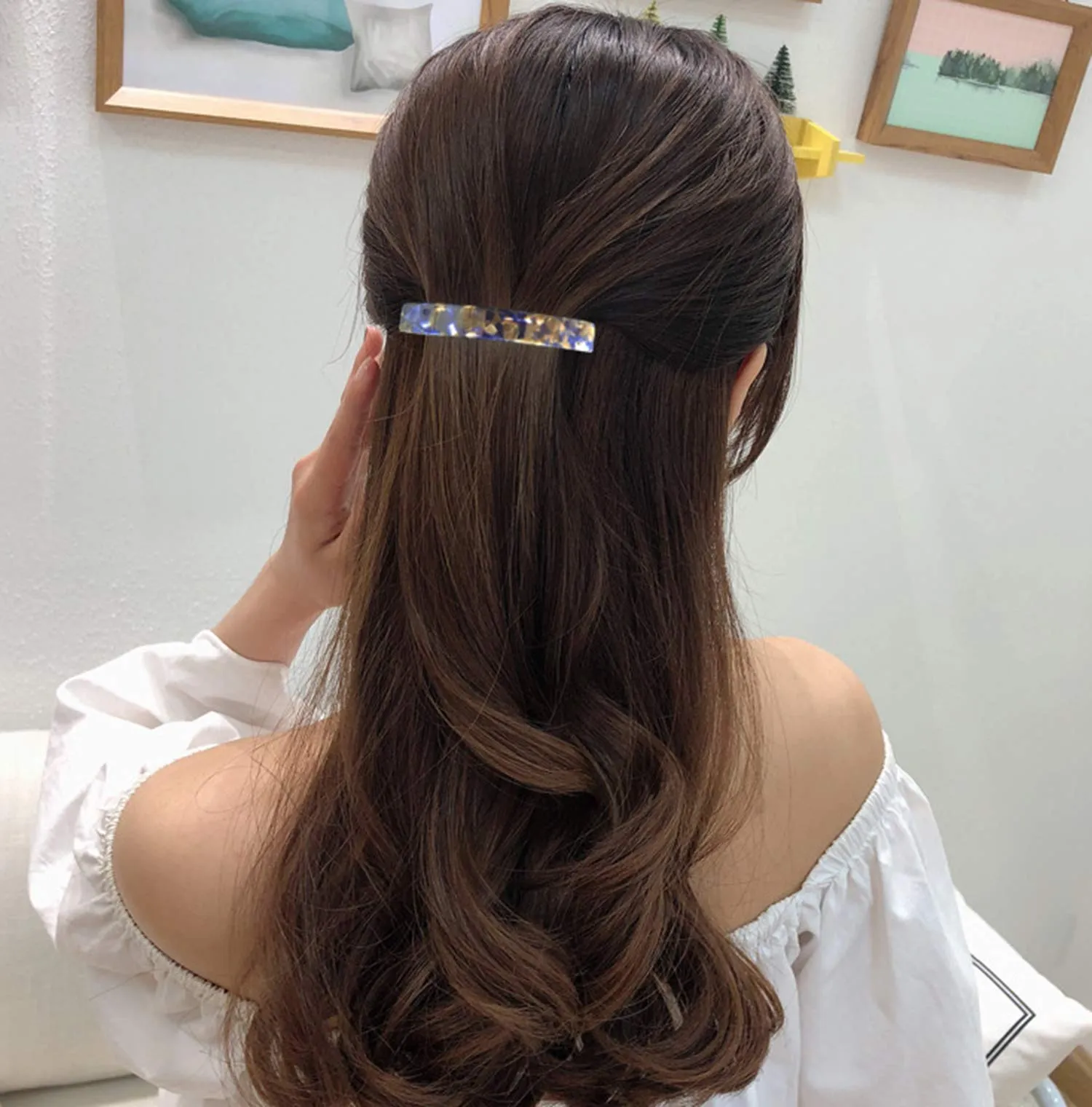2PCS French Design Hair Barrette Tortoise Shell Celluloid Rectangle Hair Clips for Women Blue,Onyx Green