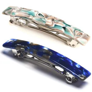 2PCS French Design Hair Barrette Tortoise Shell Celluloid Rectangle Hair Clips for Women Blue,Onyx Green