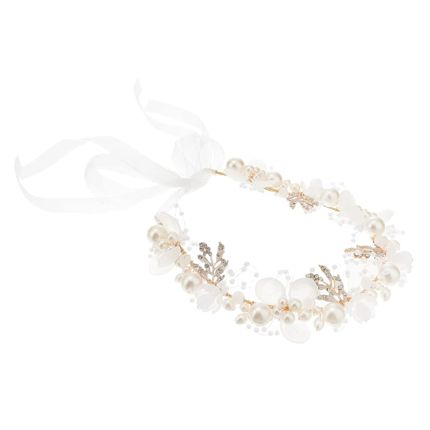 2pcs Gold Pearl Headband Wedding Flower Headpiece for Women Bridal Hair Accessory