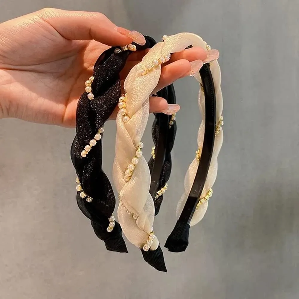 2pcs Mesh Braid Headbands for Women Girls, Faux Pearl Hair Bands with Teeth, Non Slip Wide Head Bands, Fashion Mujer Hair Accessories (black and beige)