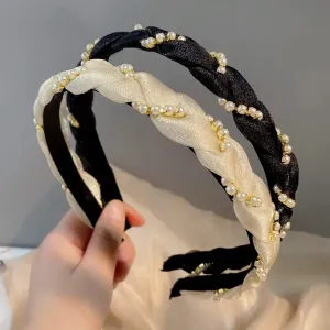 2pcs Mesh Braid Headbands for Women Girls, Faux Pearl Hair Bands with Teeth, Non Slip Wide Head Bands, Fashion Mujer Hair Accessories (black and beige)