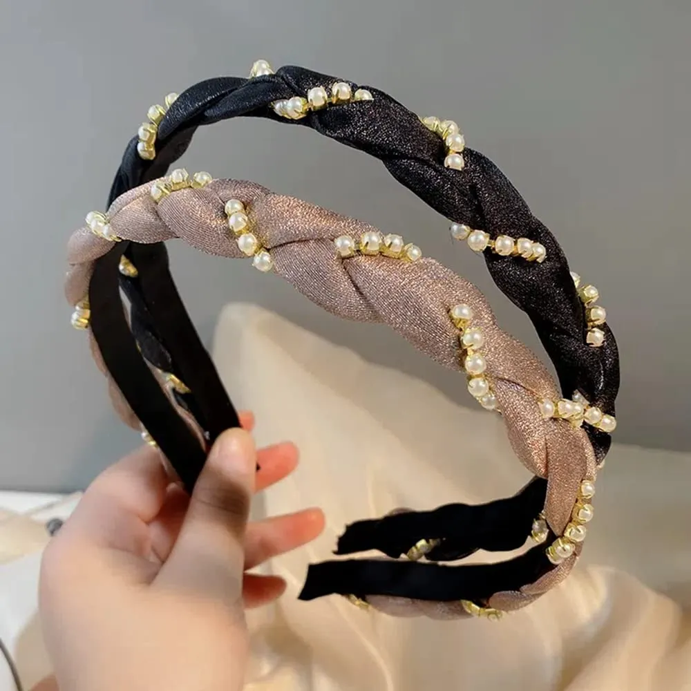 2pcs Mesh Braid Headbands for Women Girls, Faux Pearl Hair Bands with Teeth, Non Slip Wide Head Bands, Fashion Mujer Hair Accessories (black and pink)