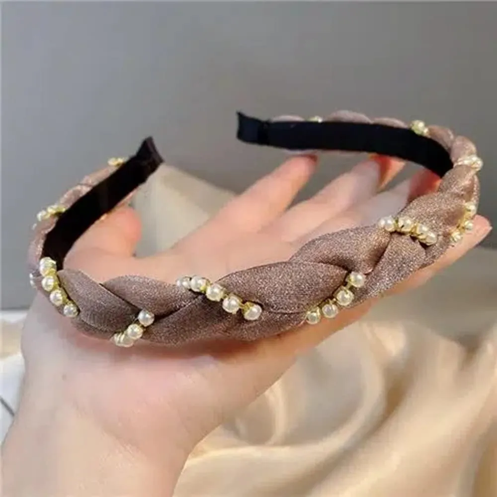 2pcs Mesh Braid Headbands for Women Girls, Faux Pearl Hair Bands with Teeth, Non Slip Wide Head Bands, Fashion Mujer Hair Accessories (black and pink)