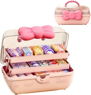 3-Layer Kids Hair Accessories Organizer with Bowknot Lock Cute Jewelry Box Headband Hair Tie Clip Organizer Box for Little Girls - Pink