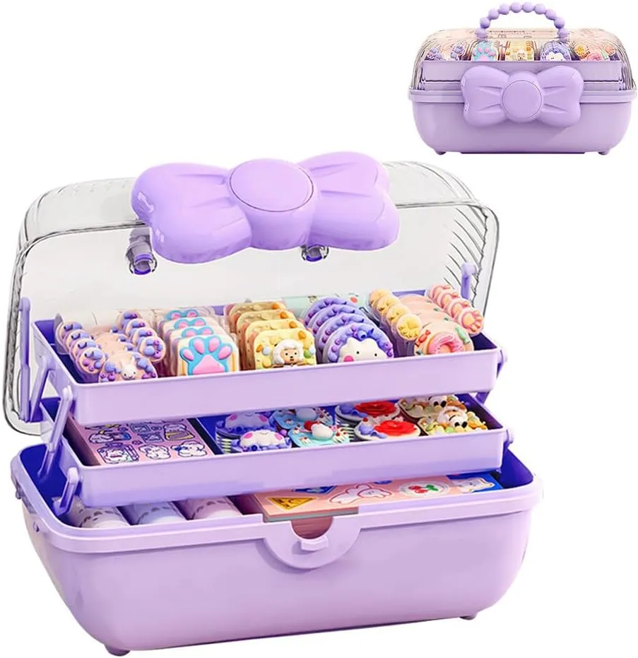 3-Layer Kids Hair Accessories Organizer with Bowknot Lock Cute Jewelry Box Headband Hair Tie Clip Organizer Box for Little Girls - Purple
