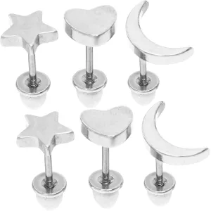 3 Pairs of Star Moon Earring Studs Punk Hip Hop Minimalist Stainless Steel Ear Jewelry for Daily Wear