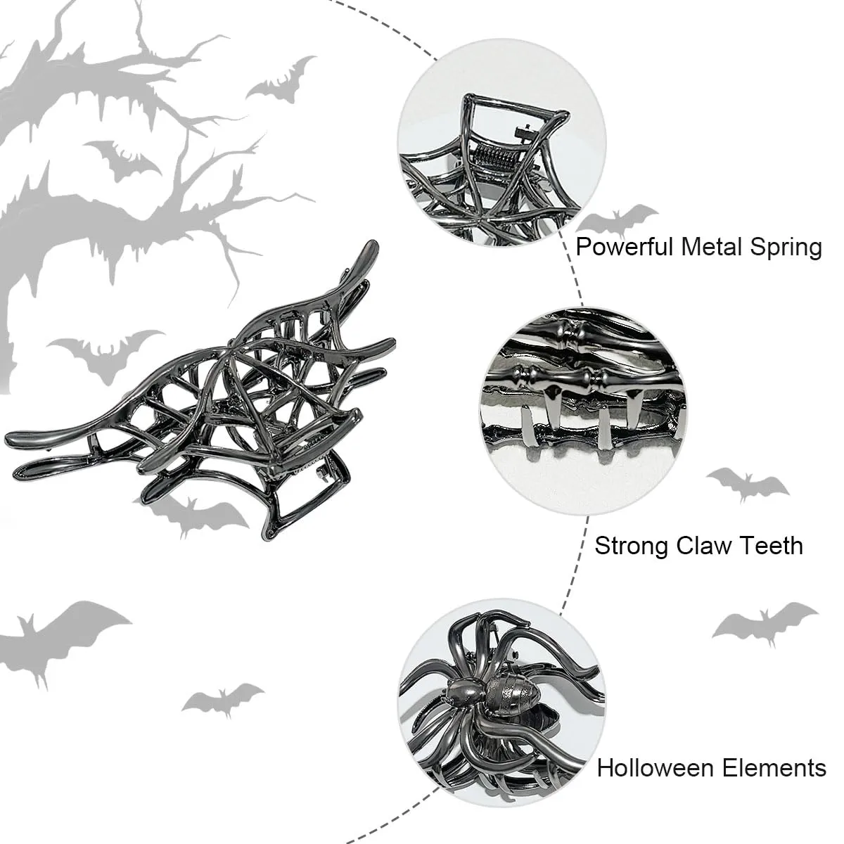 3 Pieces Large Metal Spider Net Hand Hair Claw Clips for Women and Girls Thick Long Hair, Nonslip Skeleton Spooky Barrette Headband Hair Styling Accessories for Halloween Christmas Gifts