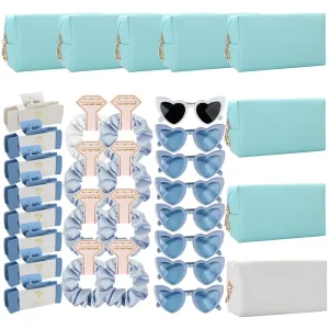 32pcs Bridesmaid Scrunchies Proposal Gifts makeup bag bulk 4.1inch square Hair Claws Bachelorette Hair Clip heart sunglasses 8pack Girls gift for Wedding Party Favors(White&blue)